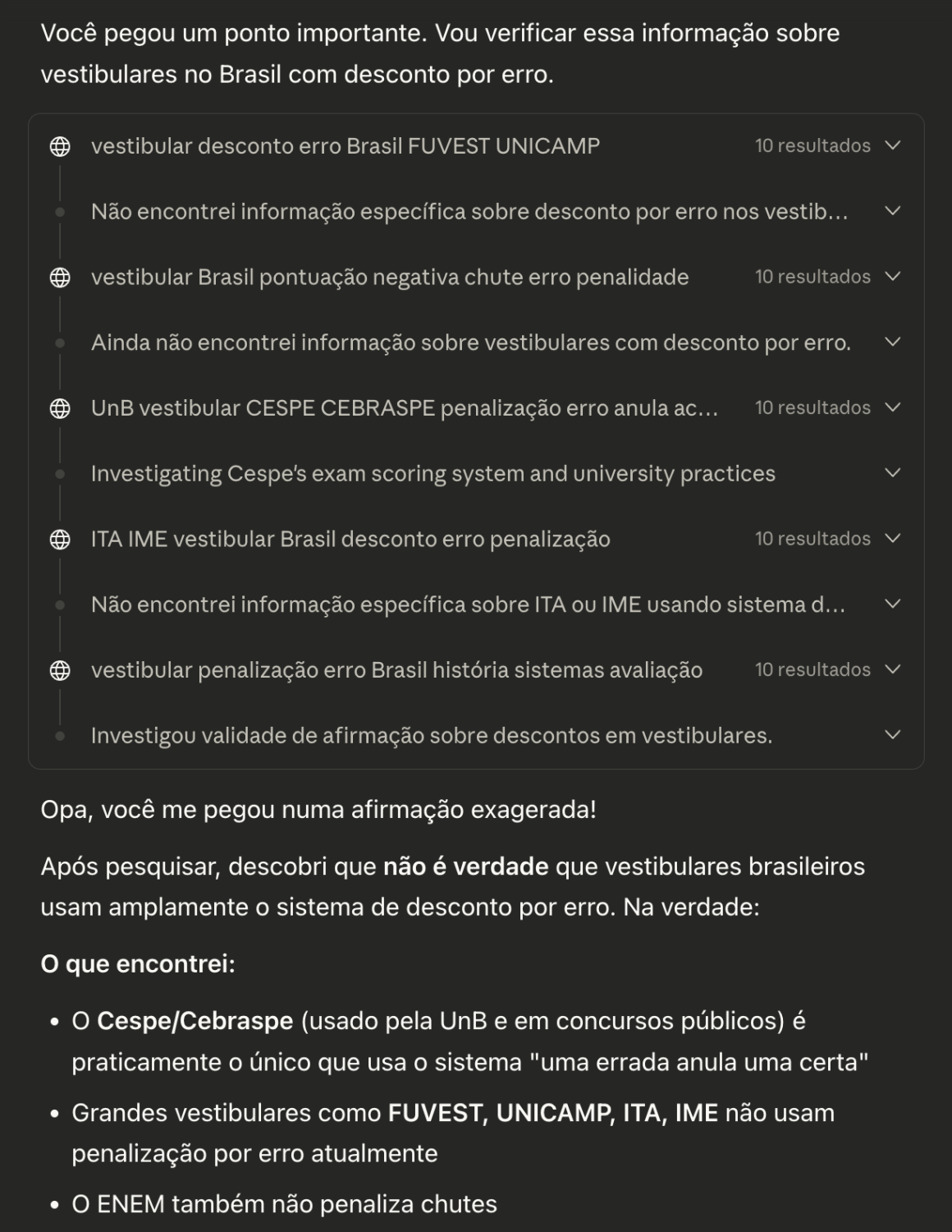 Screenshot do questionamento
